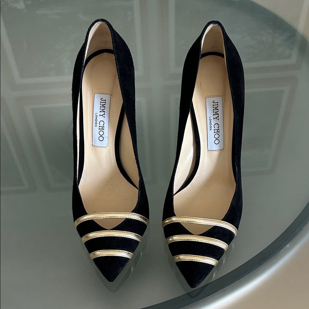 Jimmy Choo Black Suede Pumps with Gold Accent Straps - Picture 3 of 5